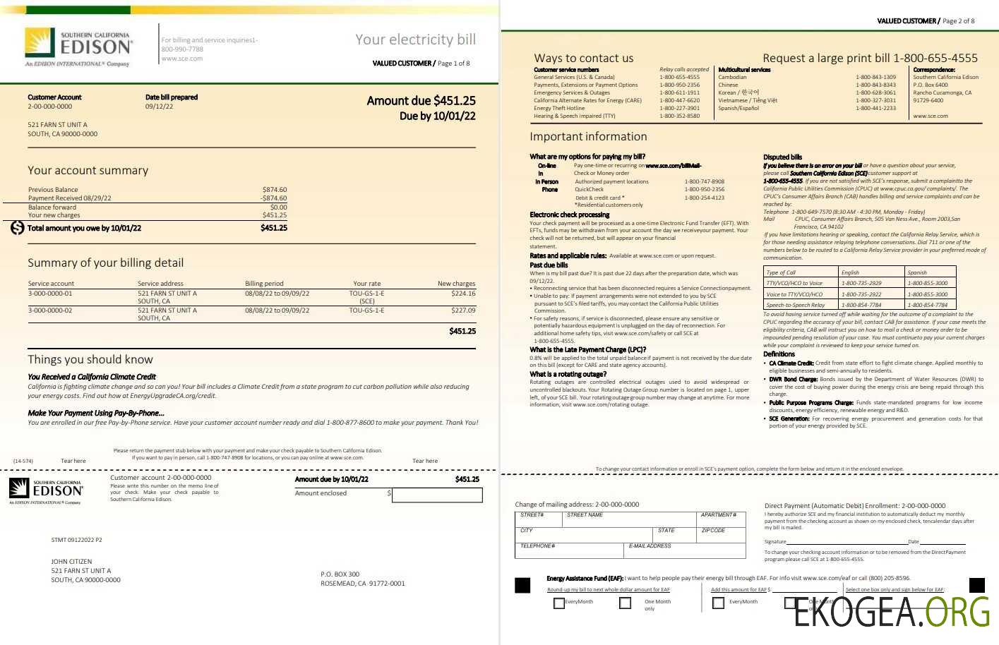 USA Southern California EDISON utility bill, Word and PDF template, 8 pages 1 2
